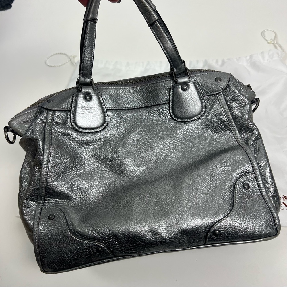 Coach Mickie Satchel Purse Metallic Pewter Gunmetal Gray Leather - Picture 5 of 10